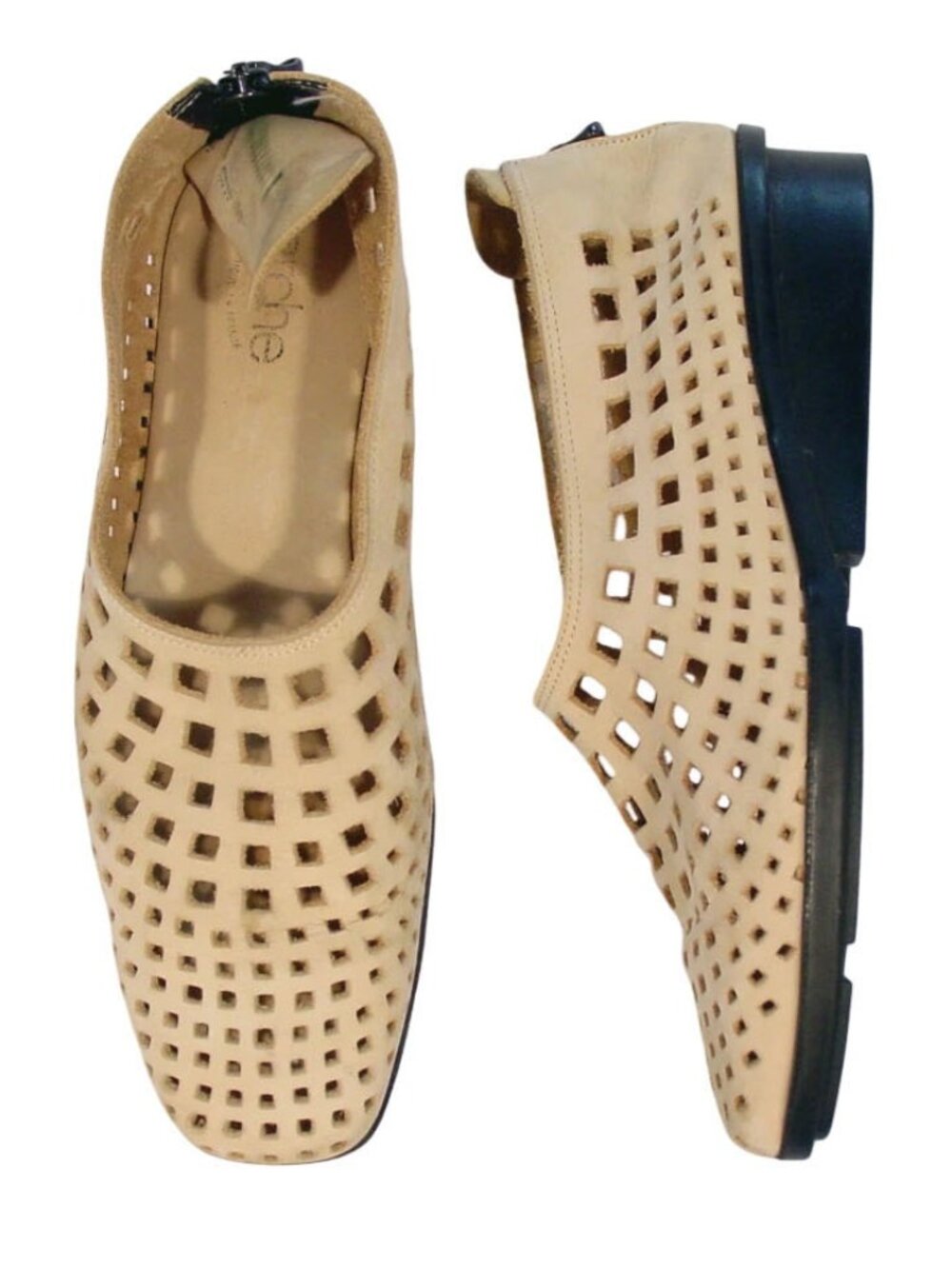 ARCHE $295 Vintage Nubuck Lattice Low Wedge Heel Zip Shoes 38/8 - Made in FRANCE